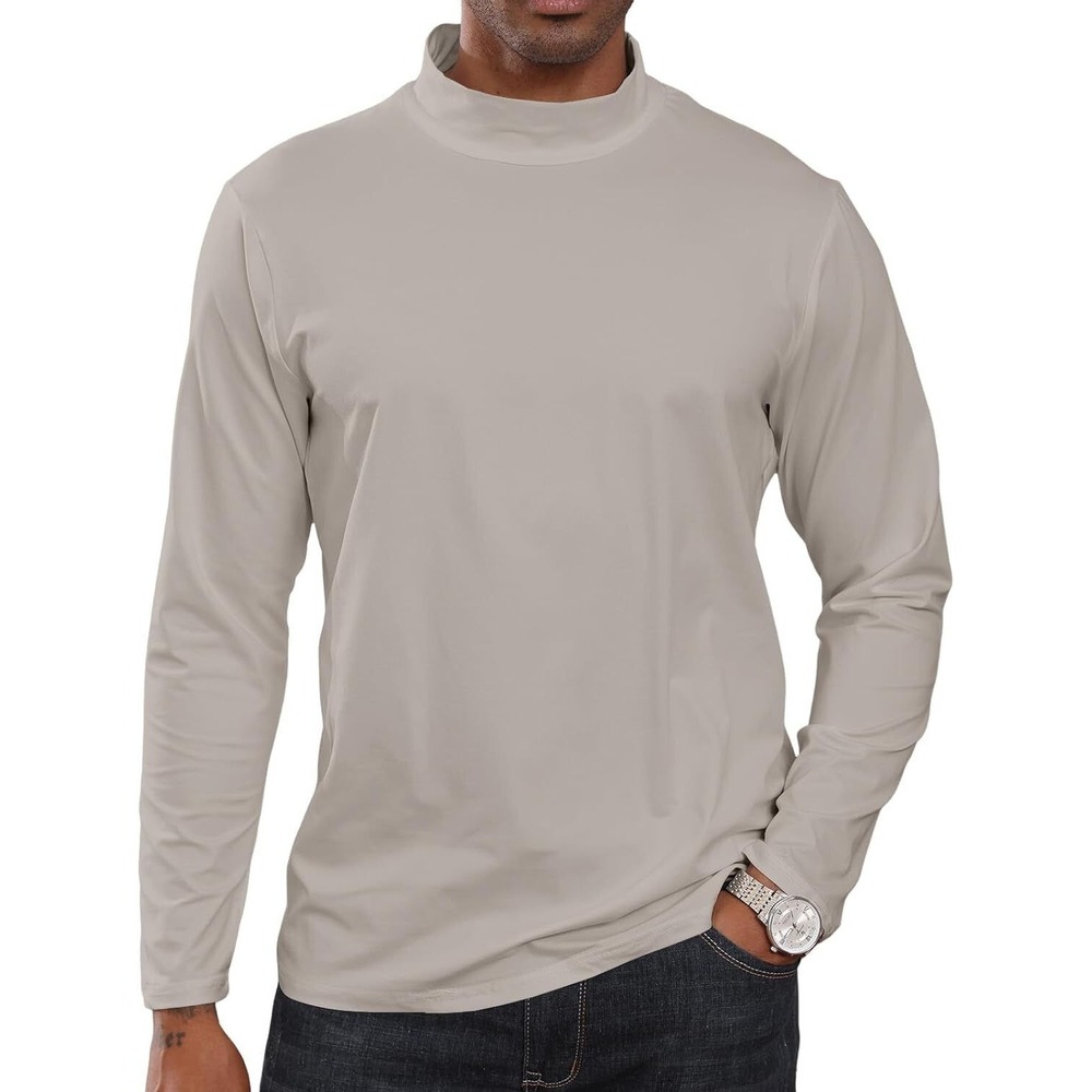 CTU Mens Fashion Mock Turtleneck Sweater T-Shirt - Beige - Size Large